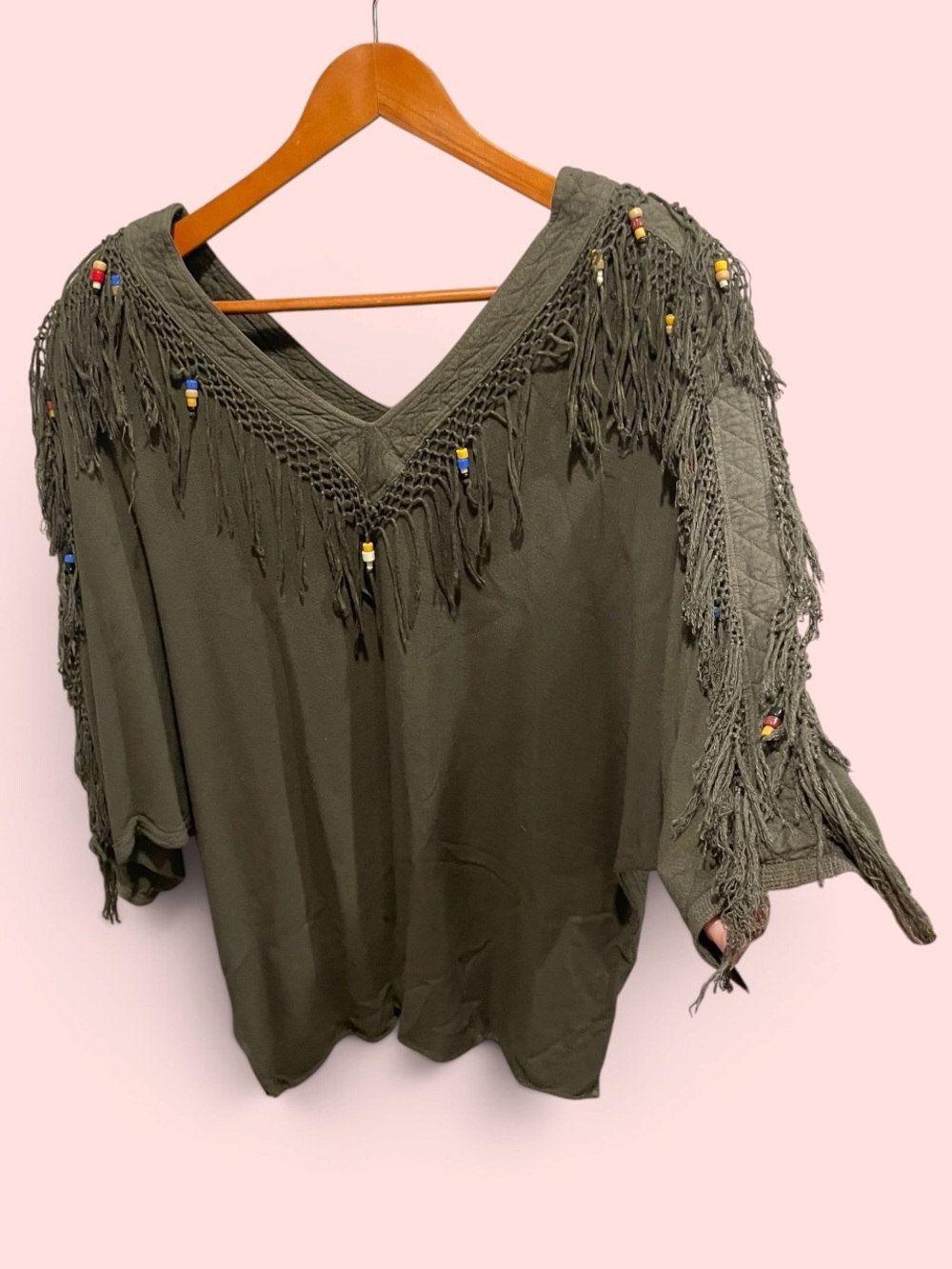 Cute vintage 80s olive beaded fringe oversized v tunic morocco boho festival